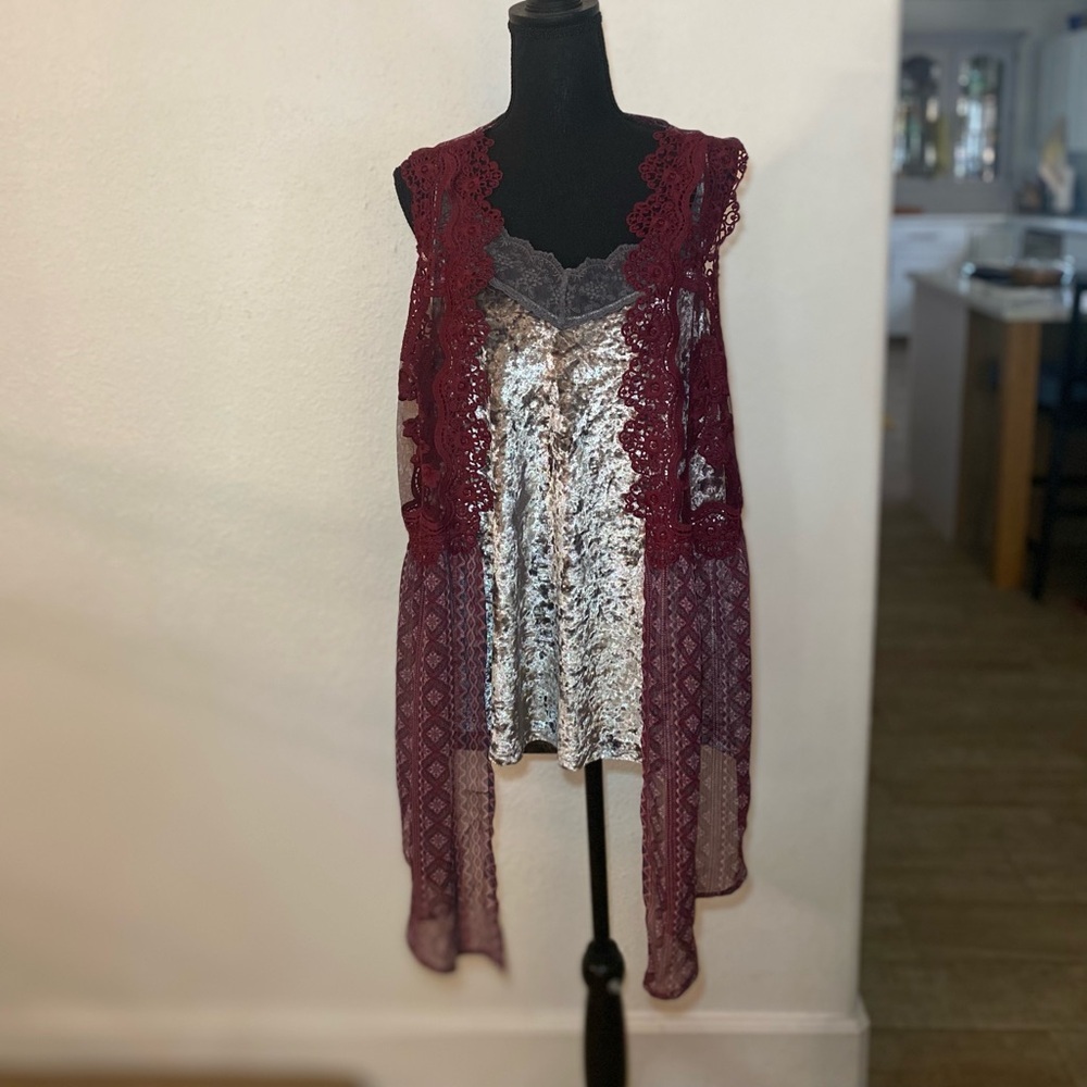 No Boundaries Vest and Velvet Tank Top Set XL Silvery gray tank top w sheer vest